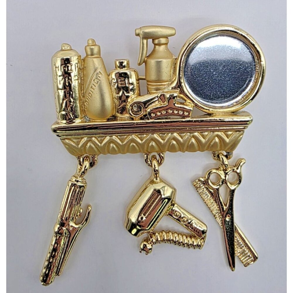 Danecraft Beautician Hair Dresser Brooch Gold Tone Salon Mirror Charms VTG